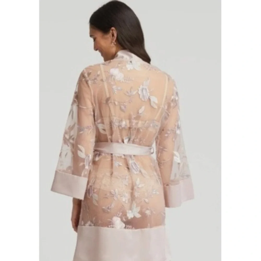 Rya Collection Sepia Rose Embroidered Mesh Kimono Robe Cover Up‎ M L
